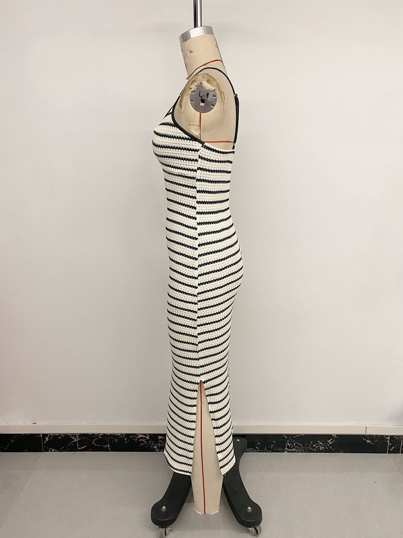 Retro Vacation Knot Detail Stripe Fitted Slip Dress N6C252