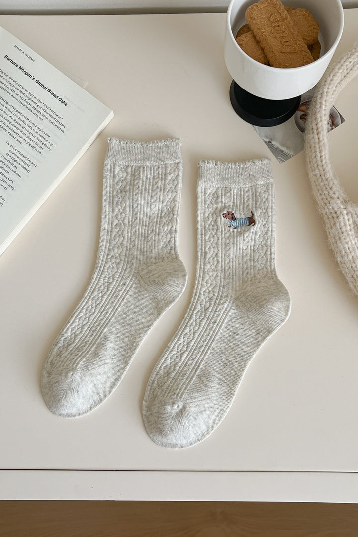 Bow Dog Embroidery Cotton Stackable Socks M5A050