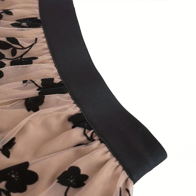 Elegant Floral Flocked Mesh A-Line Mini Skirt N6A123