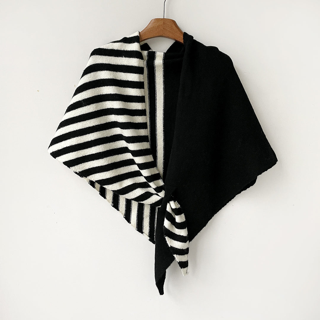 Triangle Wool Blend Shawl Cape Stripe Patchwork N6H308