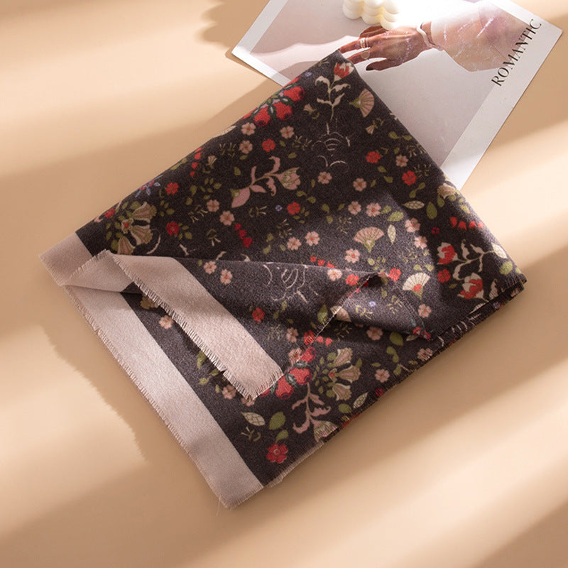 Floral Print Faux Cashmere Wrap with Fringe  M5A183