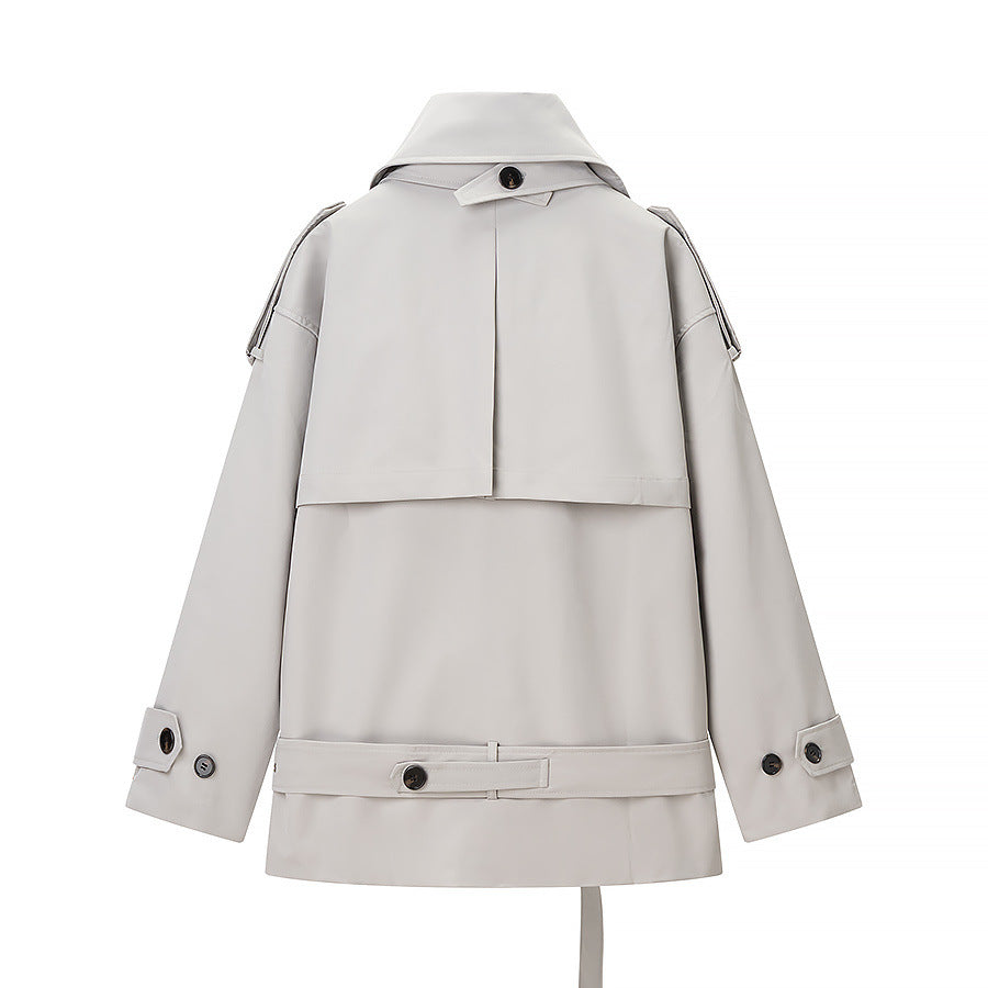 Double Breasted Stand Collar Trench Coat Women Grey  N5A679