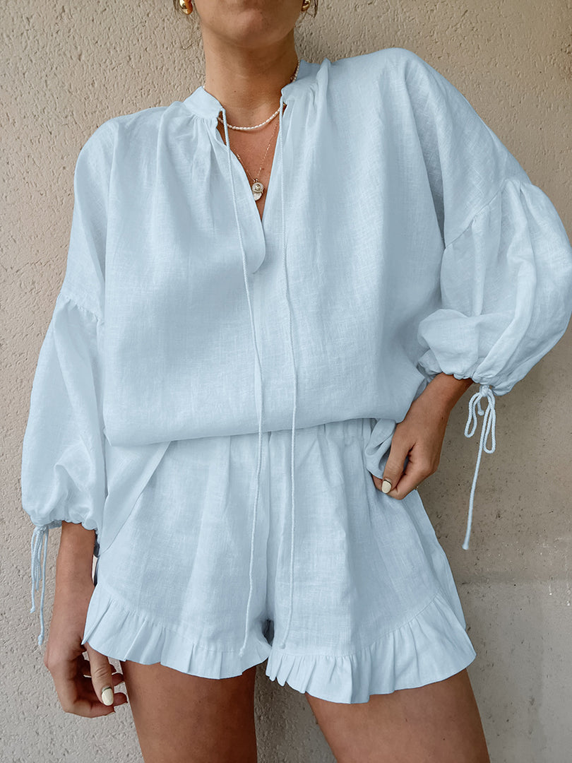 Lantern Sleeve Linen Two-Piece Set Women N6D115