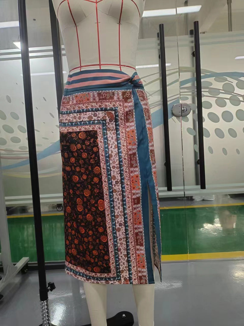 Vintage Print High Waist A-Line Midi Skirt Slit N6F241