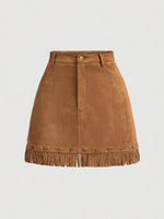 Load image into Gallery viewer, Retro Fringe Suede Panel Skirt Women Brown N6C107