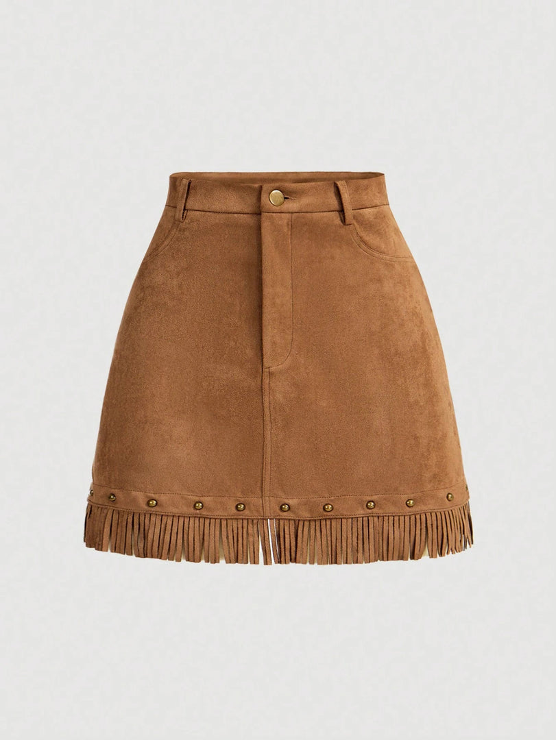 Retro Fringe Suede Panel Skirt Women Brown N6C107
