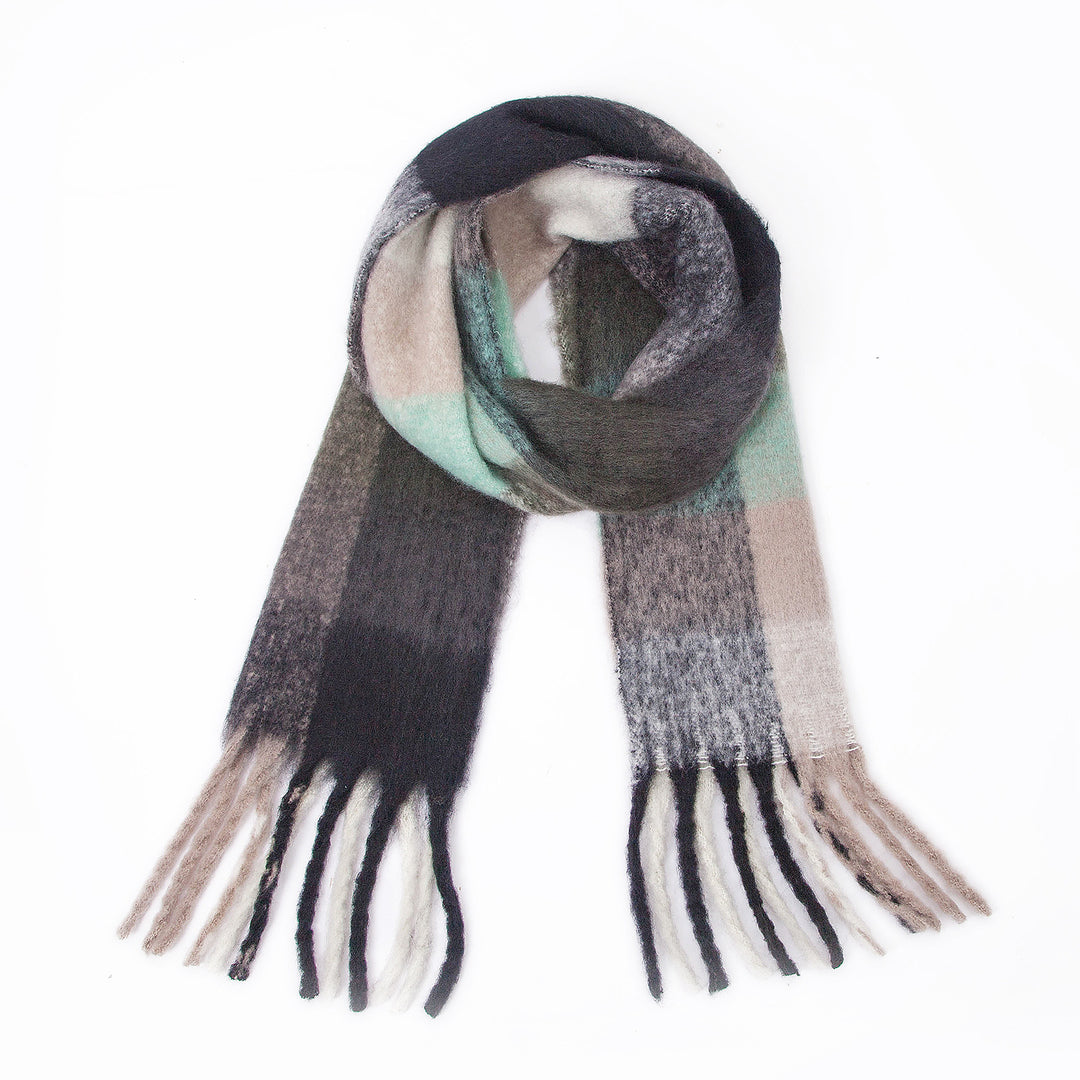 Rainbow Plaid Mohair Feel Chunky Fringe Scarf N6K247