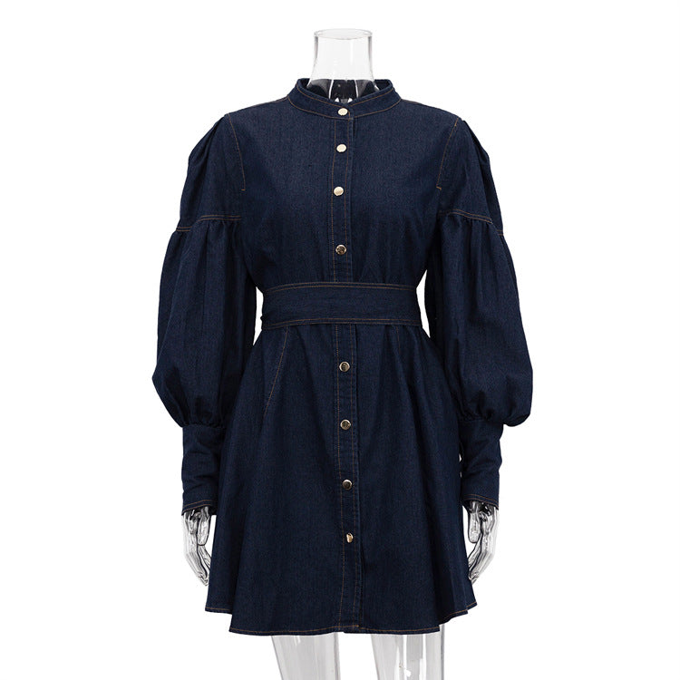 Denim Shirt Dress with Lantern Sleeve and Tie Belt  N6C194