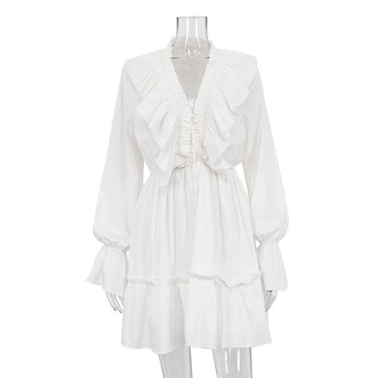 V-neck Ruffle Sleeve Flared Hem Dress Women N6C191