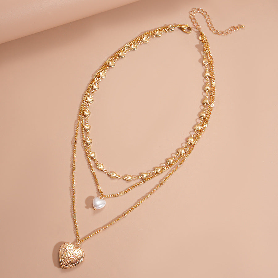 Vintage Faux Pearl Heart Layered Sweater Chain Women N6H149