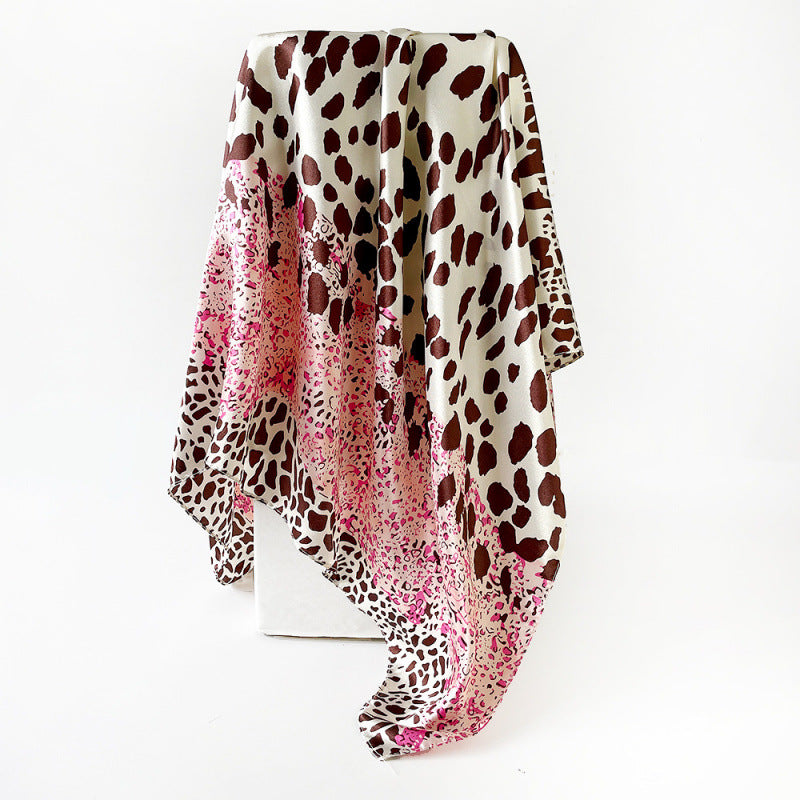 Leopard Print Spliced Satin Square Scarf 90cm N6G220