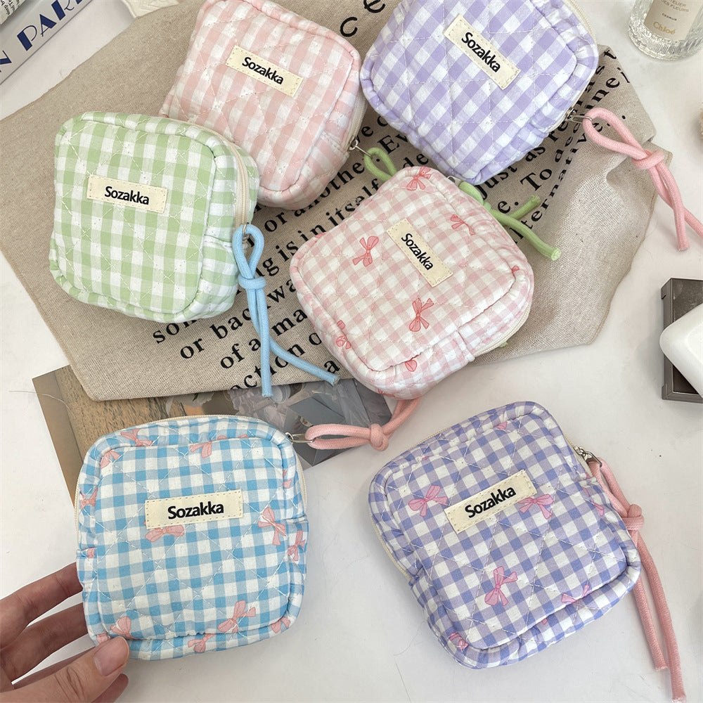 Padded Plaid Corduroy Pouch Women Multi purpose S5P870