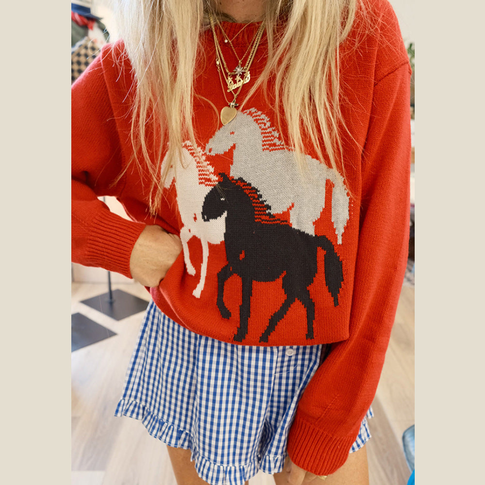 Animal Jacquard Relaxed Sweater Mid Heavy Red N5Z995