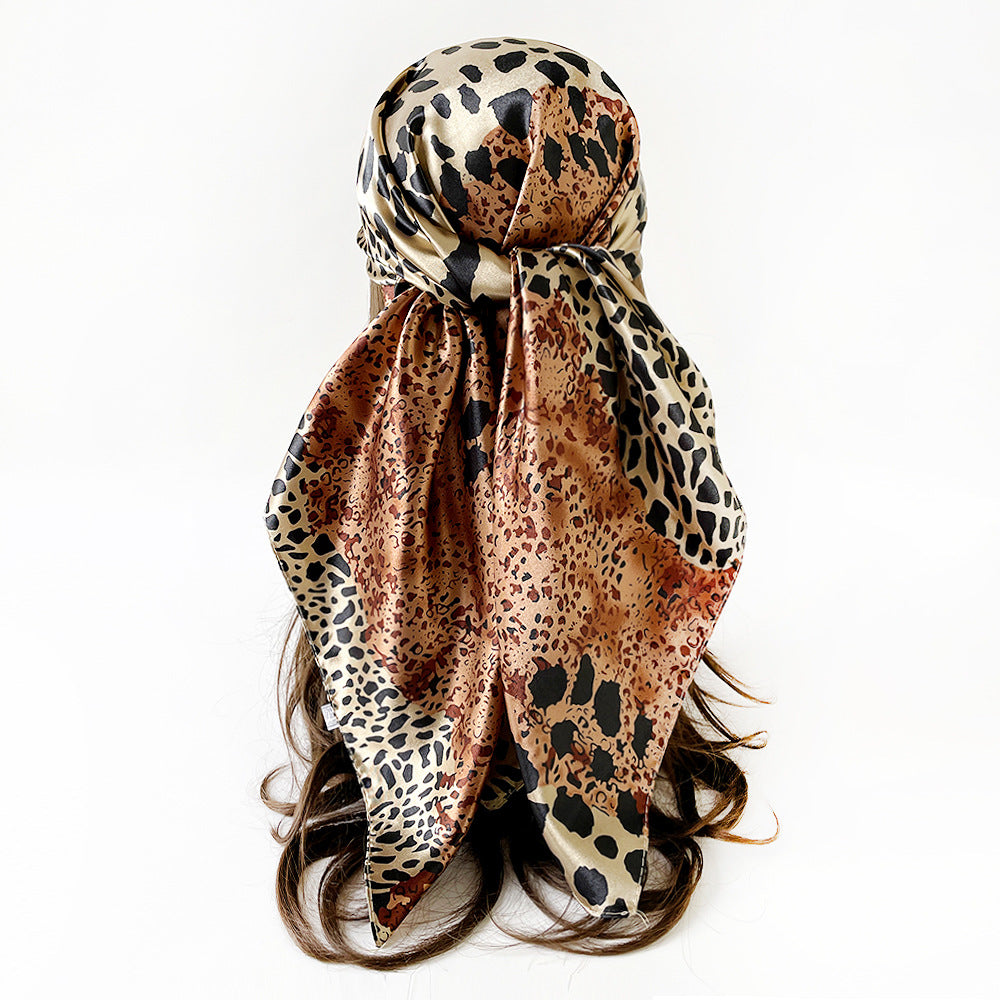 Leopard Print Spliced Satin Square Scarf 90cm N6G220