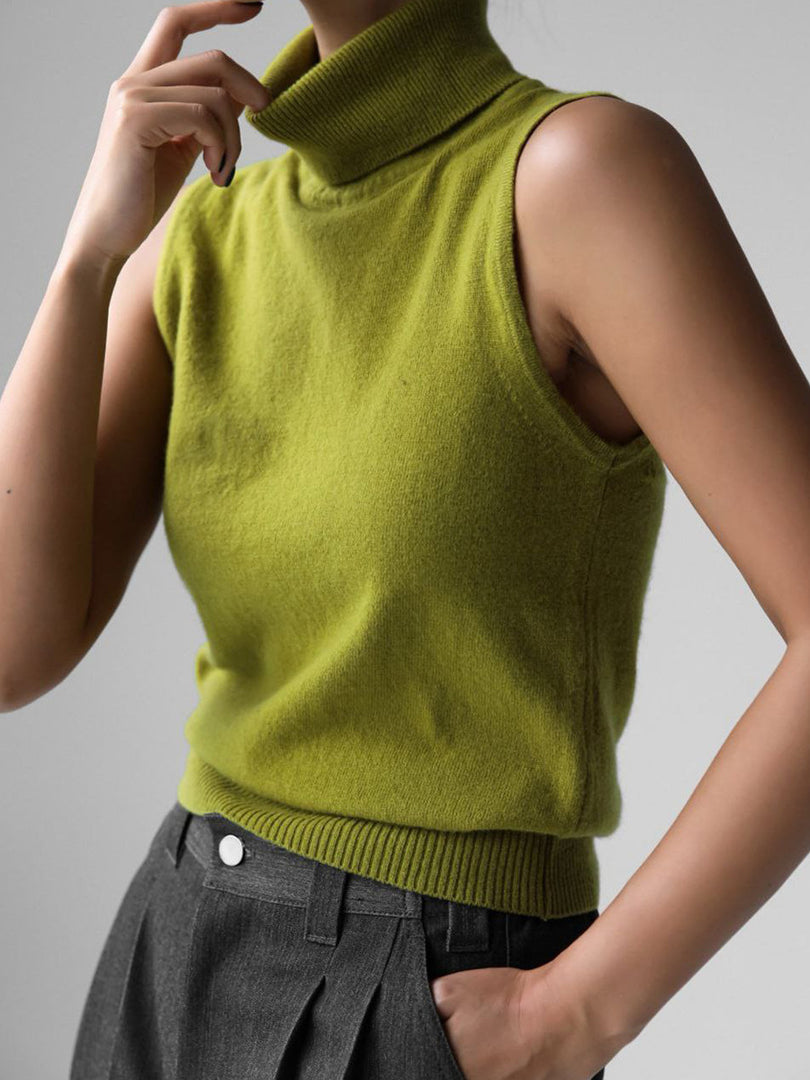 Knit Sleeveless Vest High Neck Tank Top Women Simple N6G132