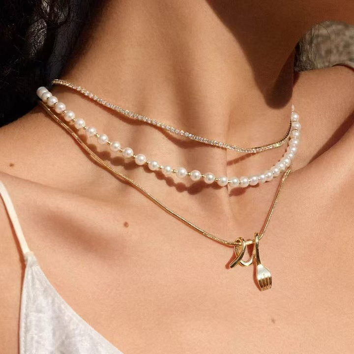 Fork Three-Layer Pearl Choker Necklace Women Elegant N6H158