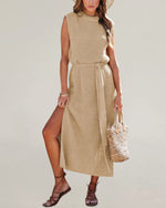 Load image into Gallery viewer, A Line Slit Knit Dress Sleeveless Mid Weight N5Z436

