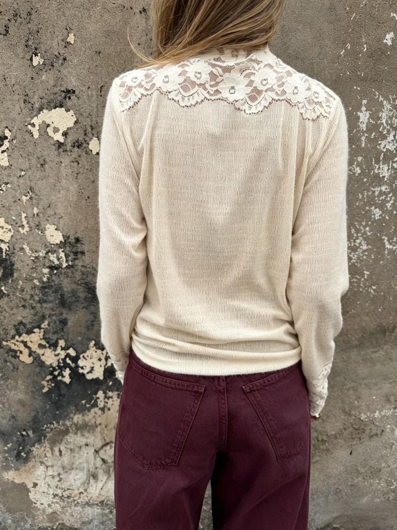 Mock Neck Lace Crochet Long Sleeve Tee Women N6G273
