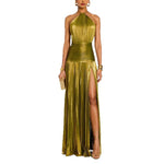 Load image into Gallery viewer, Womens Gold Metallic Halter Maxi Dress Backless N25A064
