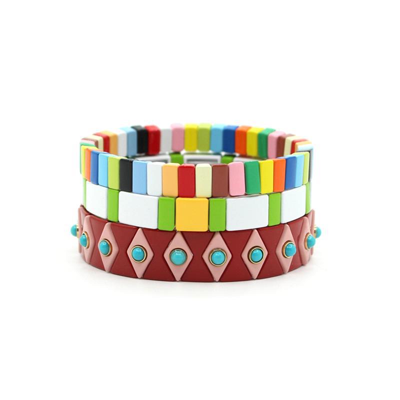 Rainbow Enamel Bead Bracelet Elastic Adjustable Alloy S5P034