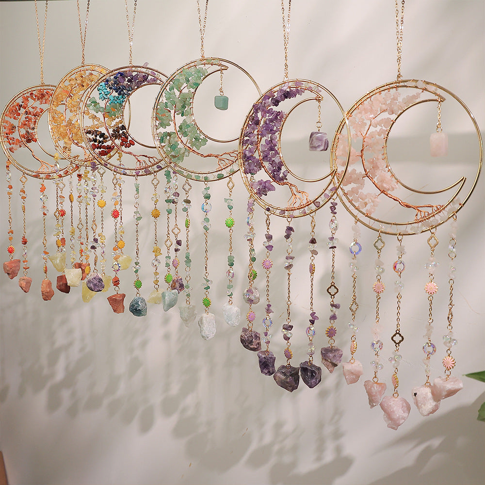Simple Rainbow Clear Quartz Moon Wind Chime N6F302