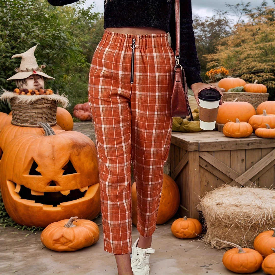Plaid Print Straight Leg Pants Women Red N5A428