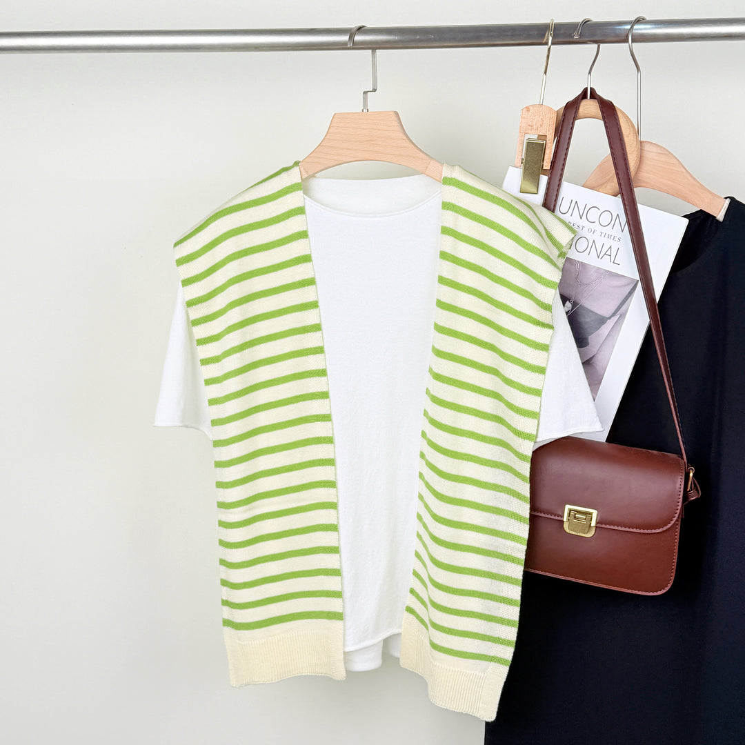 Colorblock Stripe Knit Shoulder Cape Women Travel N6H244