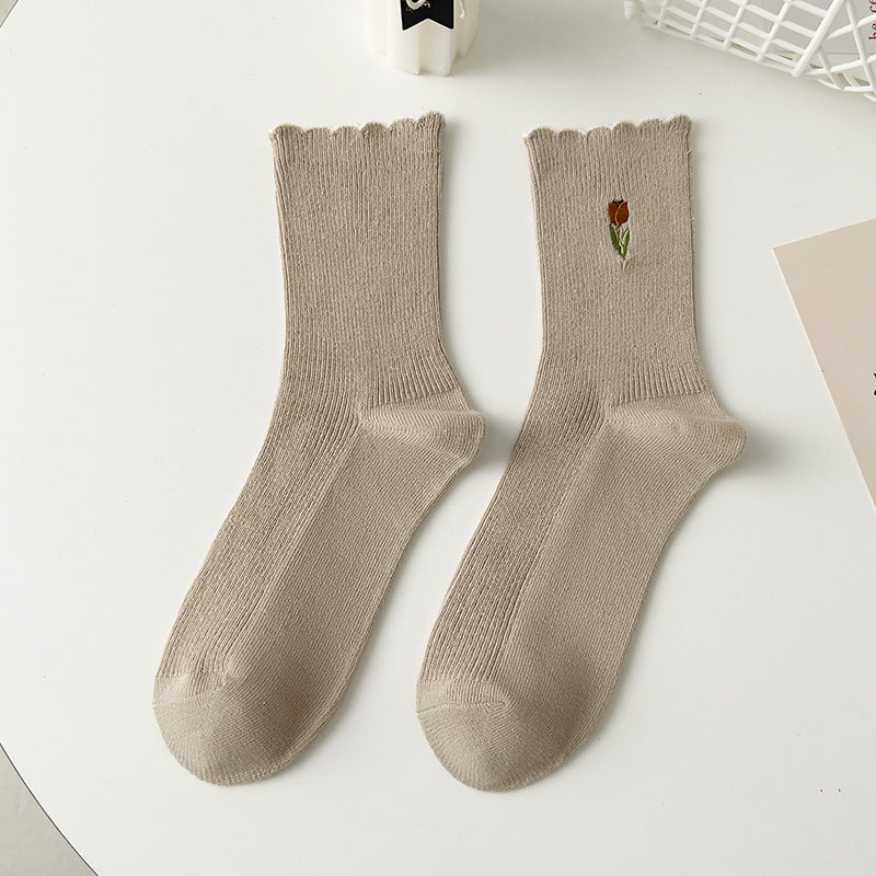Lace Embroidery Cotton Mid-Calf Socks Women N6C154