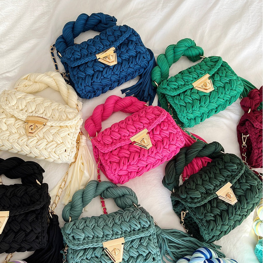 Handwoven Crochet Solid Shoulder Bag Tassel Purse N6F095