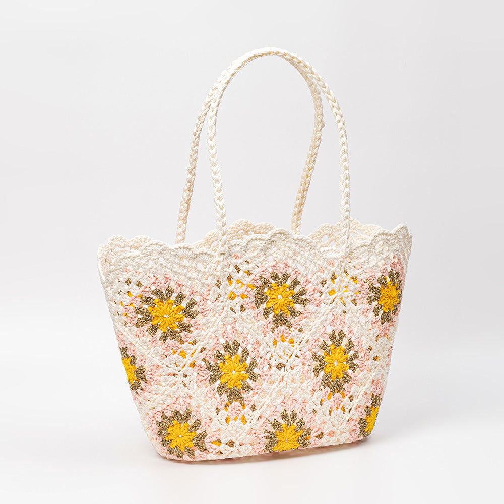 Hand Crochet Color Block Mesh Tote Beach Bag Women N6C302