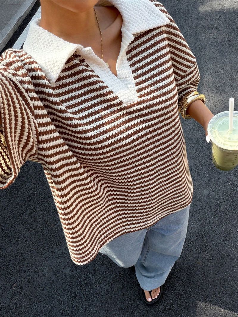 Stripe V-Neck Colorblock Drop Shoulder Polo Tee N6G285