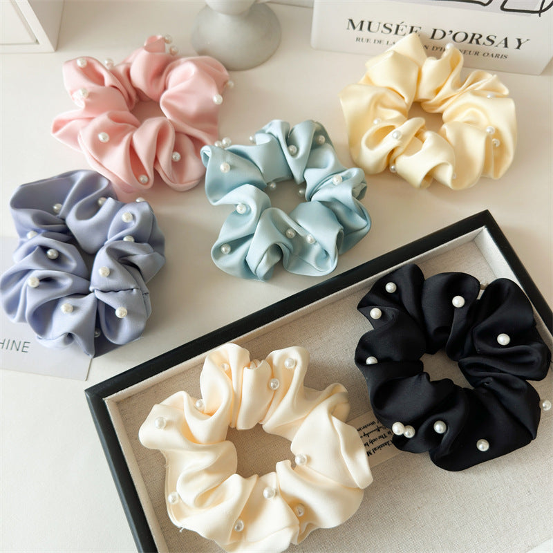 Solid Satin Pearl Scrunchie High Elasticity Women N6H184