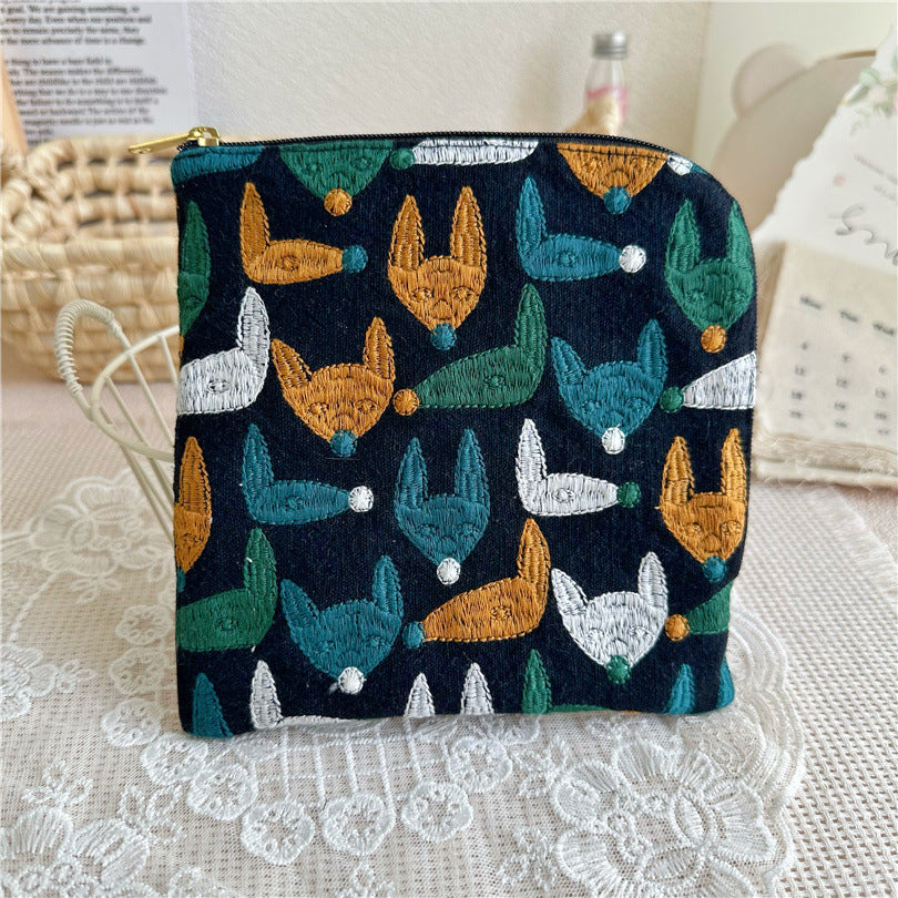 Embroidered Cotton Square Pouch L-Zipper Organizer S5P286