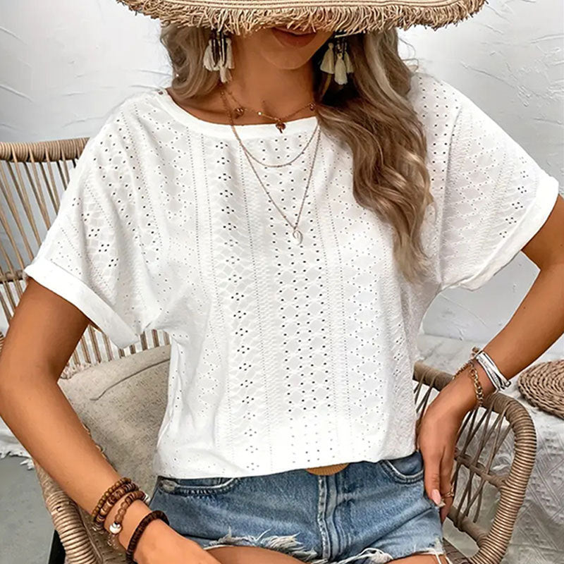 Multicolor Knit Jacquard Embroidery Hollow Raglan Tee N5A971
