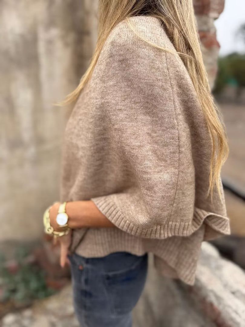 Cape Knit Cardigan Round Neck 3/4 Sleeve Ruffle Hem N6G284