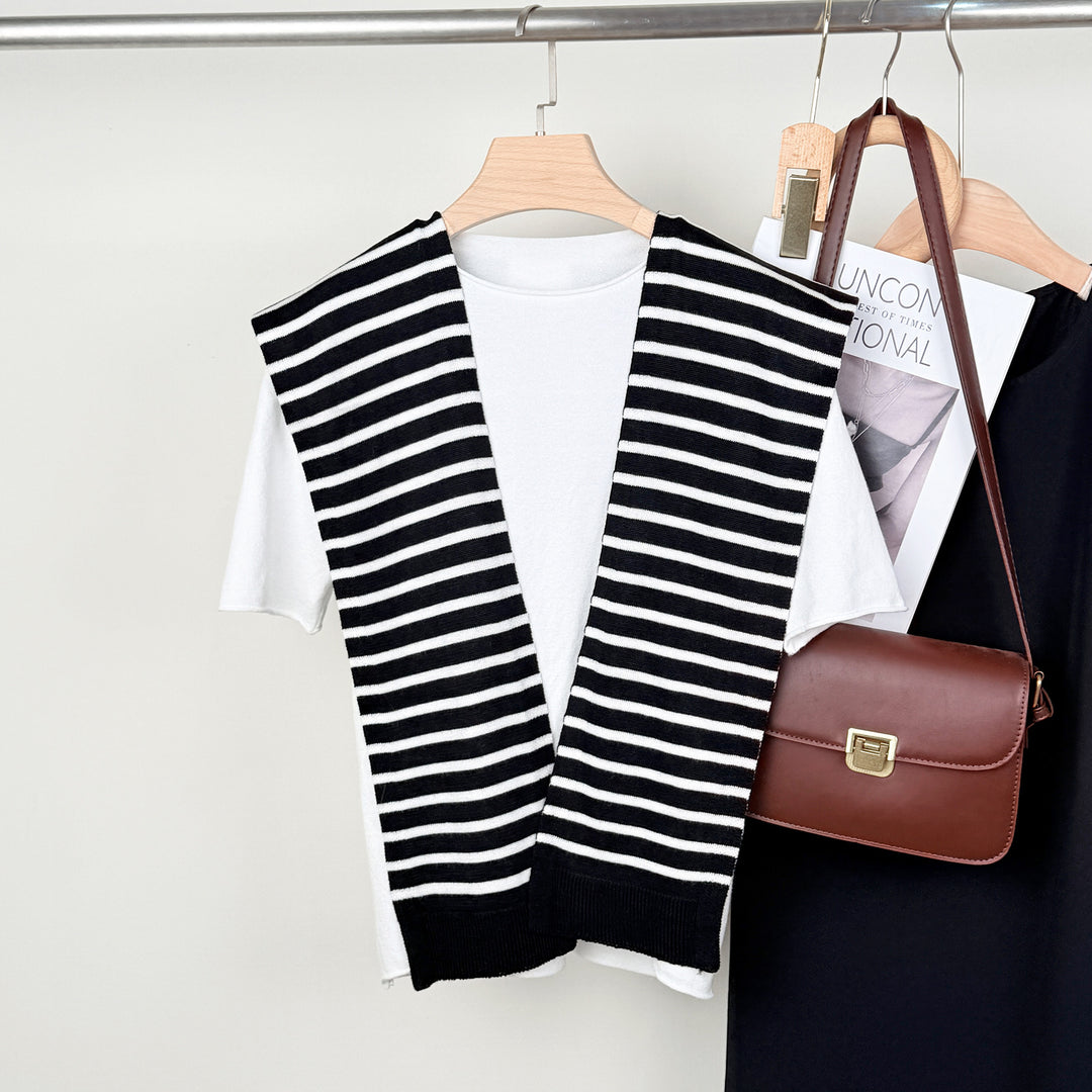 Colorblock Stripe Knit Shoulder Cape Women Travel N6H244
