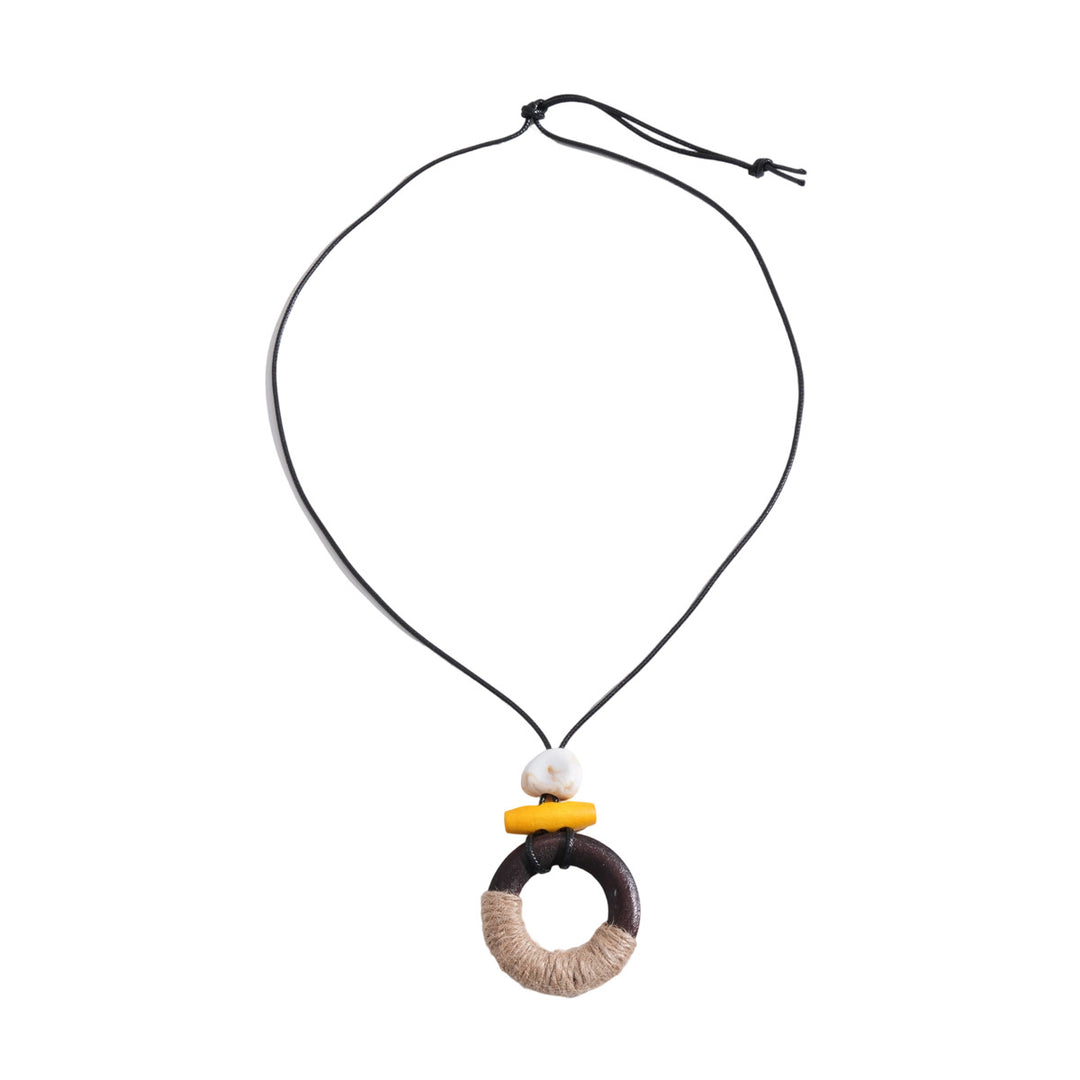 Leather Cord Resin Wood Round Pendant Necklace N6H140