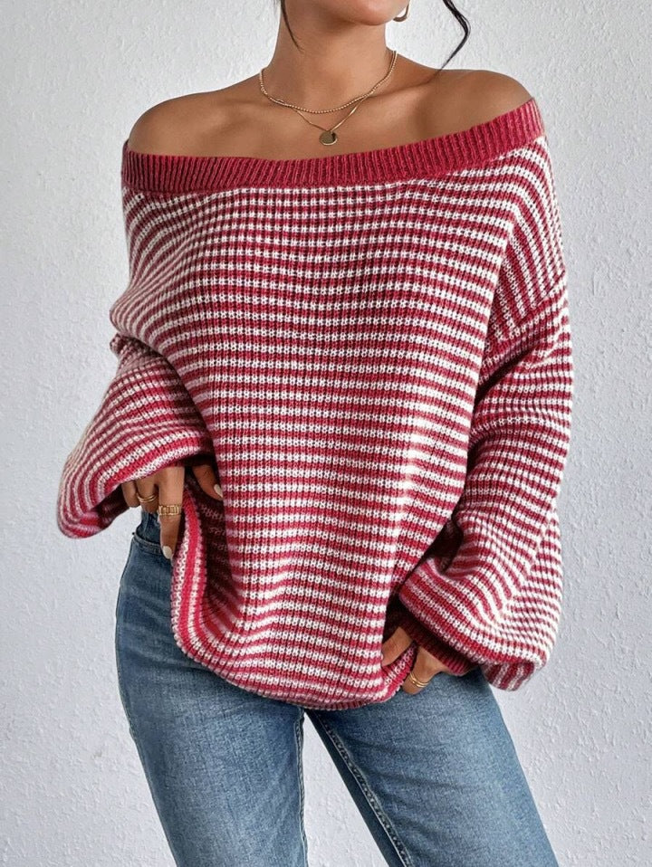 Off-Shoulder Striped Knit Pullover Women Loose Fit N6G299
