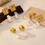 Load image into Gallery viewer, Simulated Pearl Drops Steel Asymmetric 18K Plated S5P094