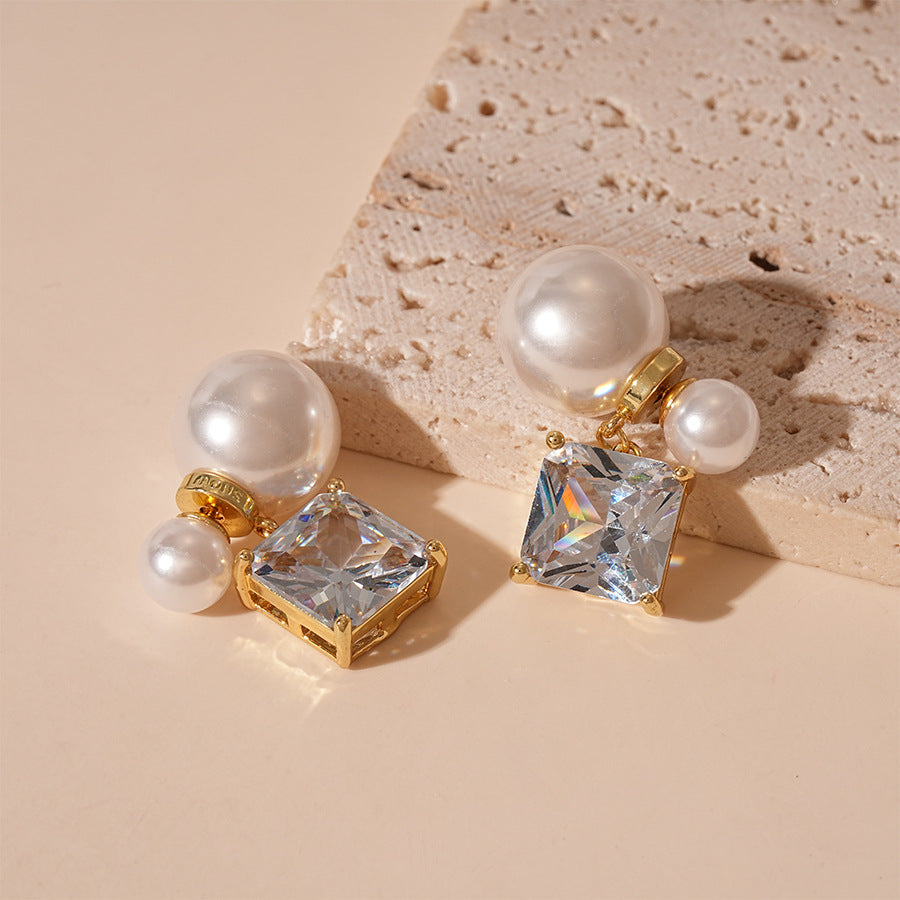 Zircon Pearl Square Stud Earrings Women N6H154