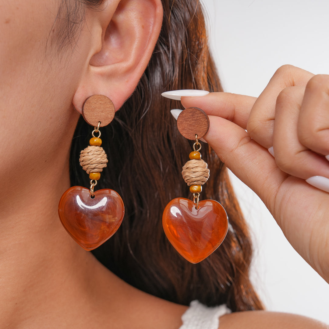 Womens Vintage Raffia Heart Resin Stud Earrings N6K171