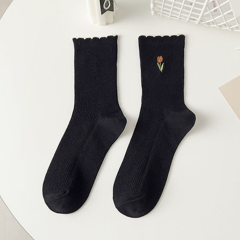 Lace Embroidery Cotton Mid-Calf Socks Women N6C154