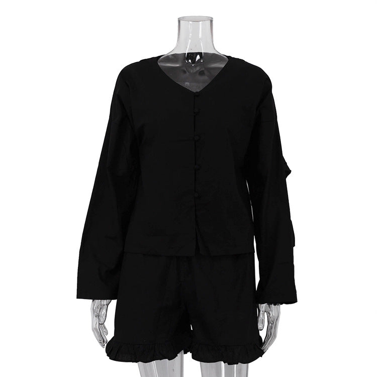 Long Sleeve Ruffle Sleeve Shirt High Waist Shorts Set N6D108