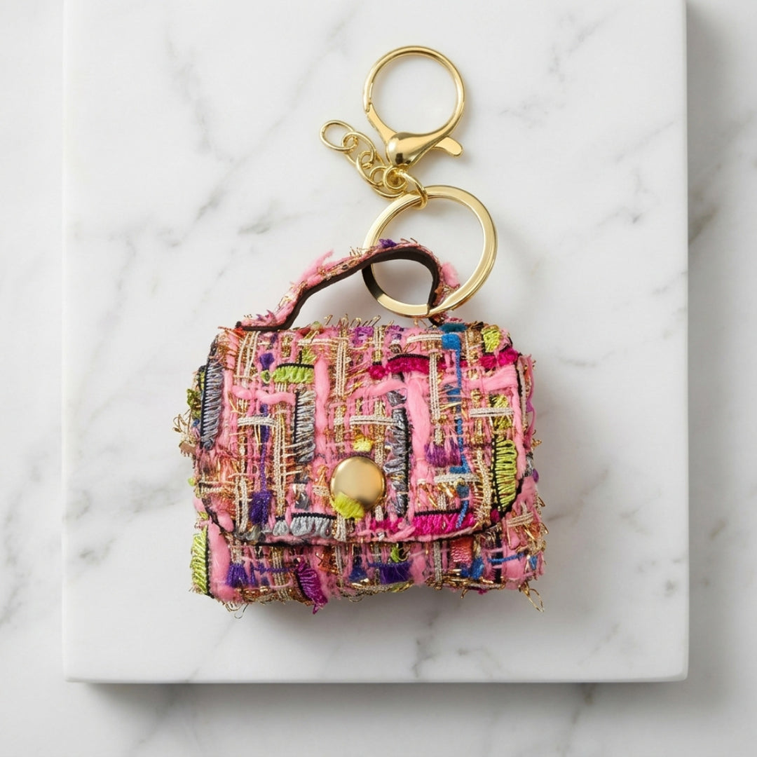 Tweed Earphone Coin Pouch Keychain Bag Charm Pink N6G109