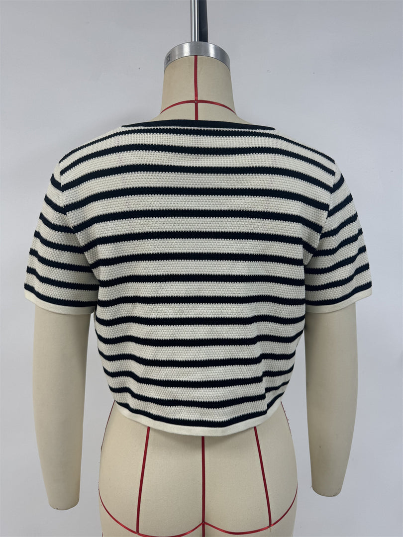 Striped Tie-Front Knit Cardigan Short Sleeve  N6G174