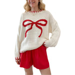 Load image into Gallery viewer, Bow Crew Sweater Mid Weight White Pink Navy N5Z876
