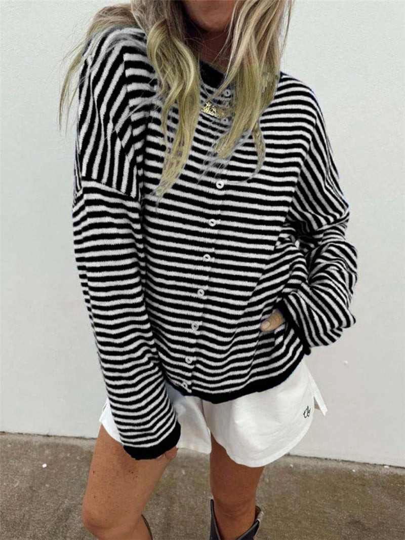 Street Style Striped Knit Cardigan Long Sleeve Women N6G286