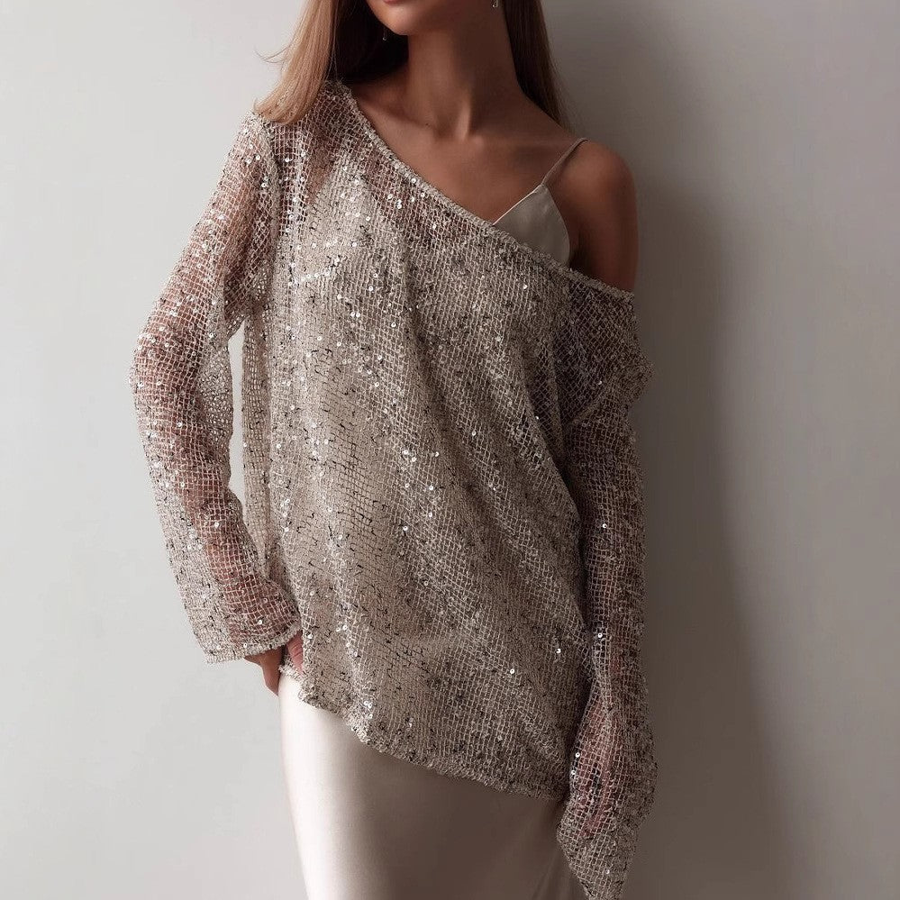 Womens Urban Loose Pullover Sequins Long Sleeve N25A052