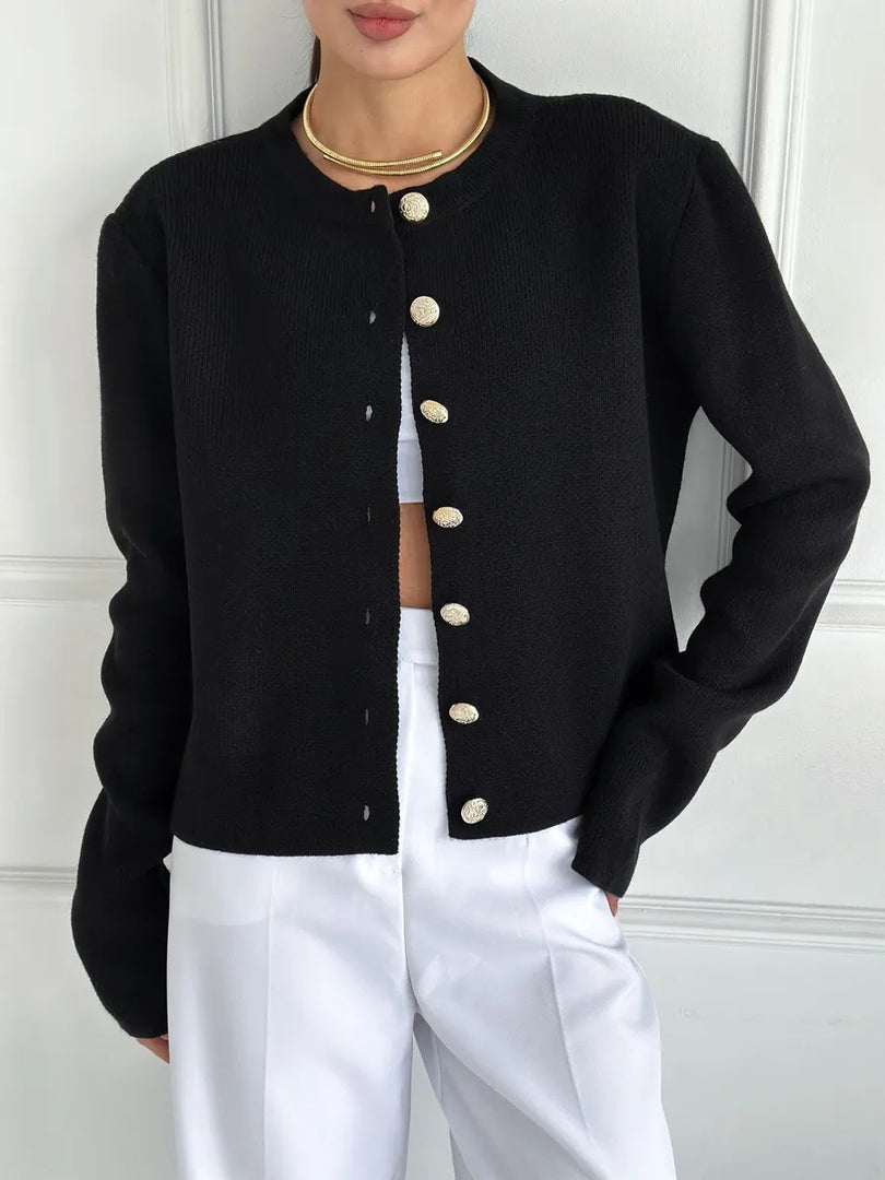 Gold Button Single-Breasted Round Neck Short Cardigan N6G143