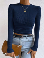 Load image into Gallery viewer, Fitted Checkered Long Sleeve Ruffle T-shirt Women N6C323